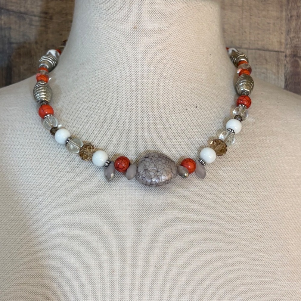 Boho Mixed Bead Statement Necklace Orange Gray Silver Tone Knotted Accents 18in